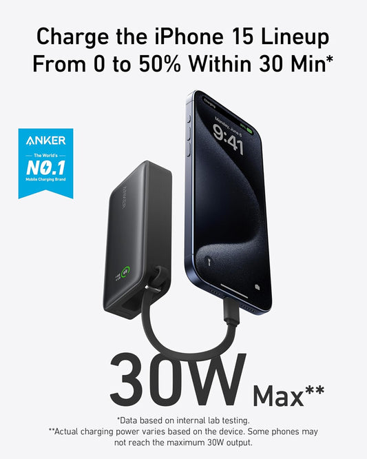 Anker Nano Power Bank,10,000mAh 30W Portable Charger,Built-in USB-C Cable | 30W Recharging and Output, USB-C and USB-A Ports, for iPhone 17 / 16 / 15 Series, MacBook, Galaxy, AirPods, and More
