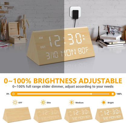 Kogonee Wooden Digital Alarm Clock, 0-100% Dimmer, 2 Alarm Settings, Weekday/Everyday Mode, 9 Mins Snooze, 12/24H, Temperature and Date Display for Office, Travel, Bedroom Alarm Clock (White)