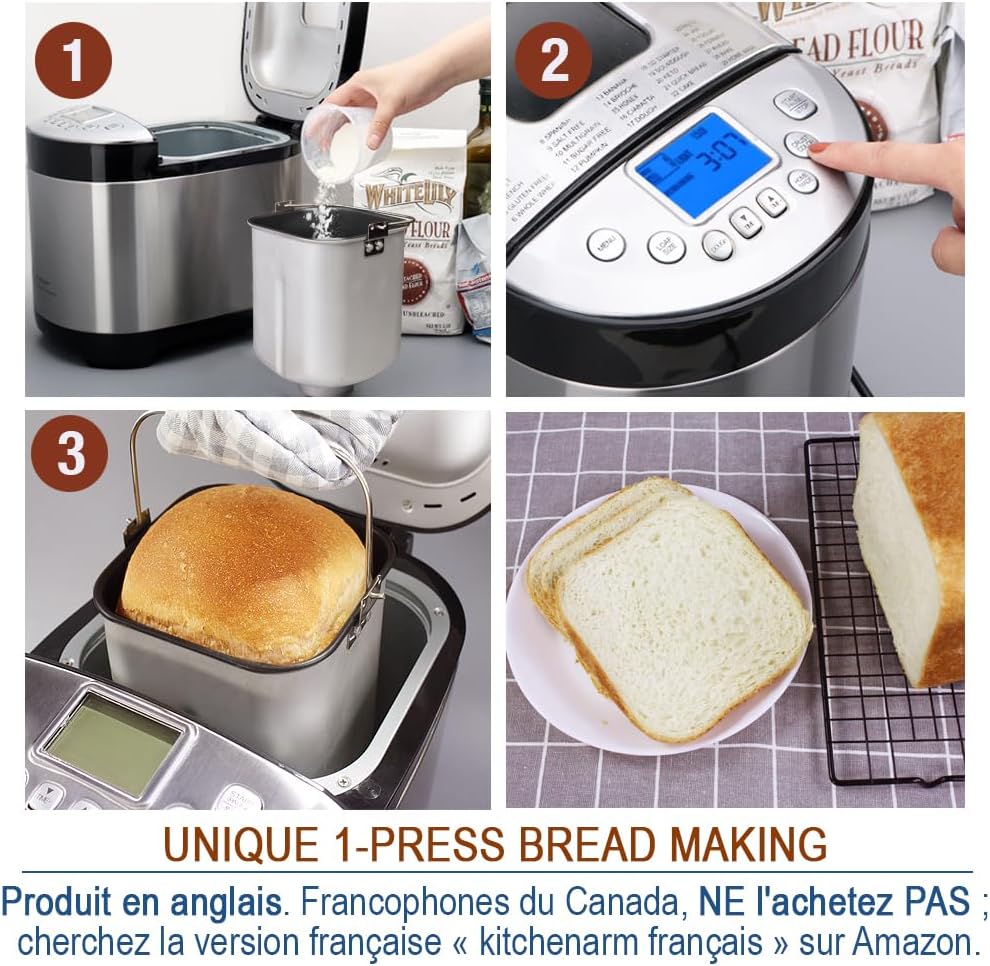 KITCHENARM 29-in-1 SMART Bread Machine with Gluten Free Setting 2LB 1.5LB 1LB Bread Maker Machine with Homemade Cycle - Stainless Steel Breadmaker with Recipes Whole Wheat Bread Making Machine