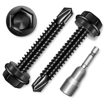 EASTPUK 100Pcs #8 x 1/2" Sheet Metal Screws, 410 Stainless Steel Self Drilling Hex Washer Head Self Tapping Screws for Metal with Drill Bit