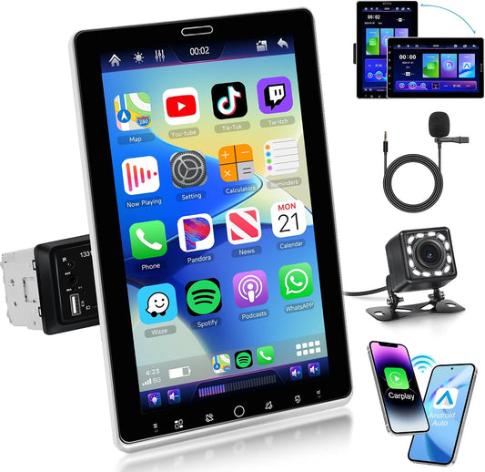 Rimoody Single Din Wireless CarPlay Car Radio - 10.1 Inch Rotate Screen Stereo, Android Auto, Bluetooth, FM/AM/RDS, EQ, Mirror Link, Backup Camera