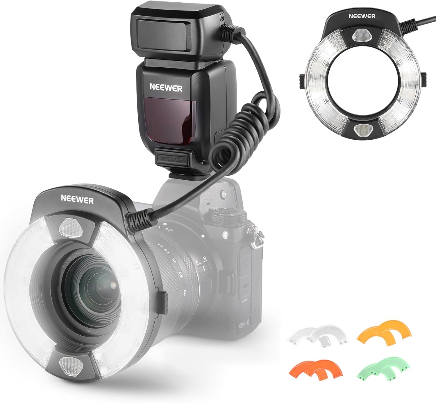 NEEWER RF1-N Marco Ring Flash Light Compatible with Nikon Camera, 76Ws GN15 5600K TTL Lighting 1-1/128 Output Front/Rear Curtain Sync Color Gels, Lens Adapter Rings for Macro Photography Studio Photo - PuriLite