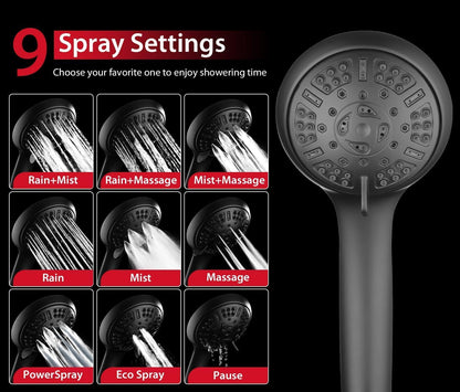 2.5 GPM High Pressure Shower Head: GRICH 8.7 Inch Black Shower Heads with Hand Held Spray 2-in-1 Combo, 9-Settings Handheld Shower Head & Adjustable Rain Shower Head with Hose 60'', Anti-Clog Nozzles