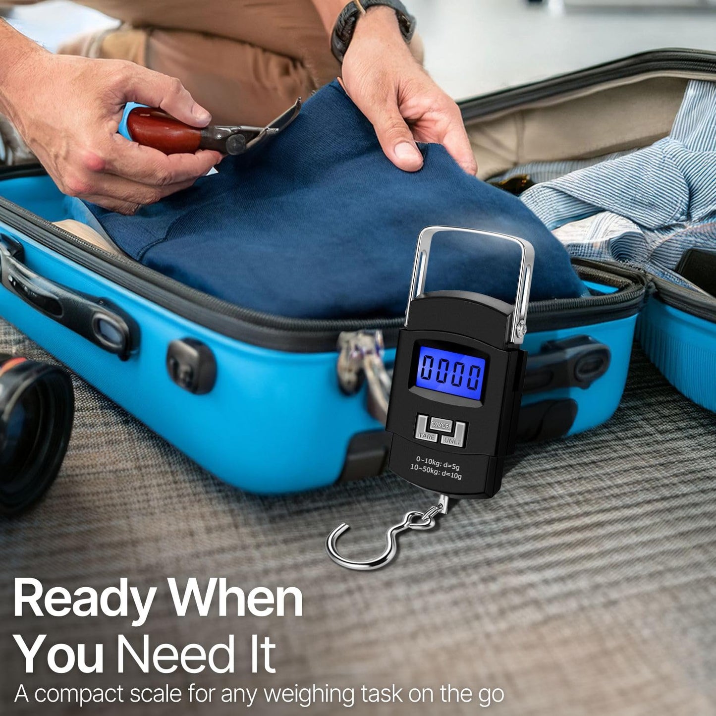 Flexzion Digital Hanging Scale – 110lb/50kg Portable Luggage Scale, and Fish Scale with Electronic Backlight LCD, Stainless Steel Hook, 2 AAA Batteries Included