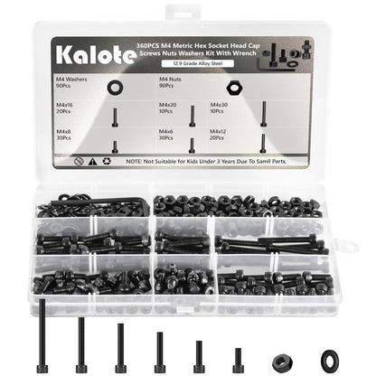 360Pcs M4 Screw Assortment Kit, Bolts Screws Nuts Kit, M4*6/8/12/16/20/30mm Metric Hex Socket Head Cap Bolts, 12.9 Grade Alloy Steel Black Screws with Wrench for 3D Printer, Black Zinc Plated
