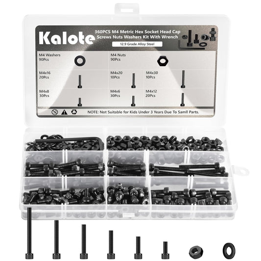 360Pcs M4 Screw Assortment Kit, Bolts Screws Nuts Kit, M4*6/8/12/16/20/30mm Metric Hex Socket Head Cap Bolts, 12.9 Grade Alloy Steel Black Screws with Wrench for 3D Printer, Black Zinc Plated
