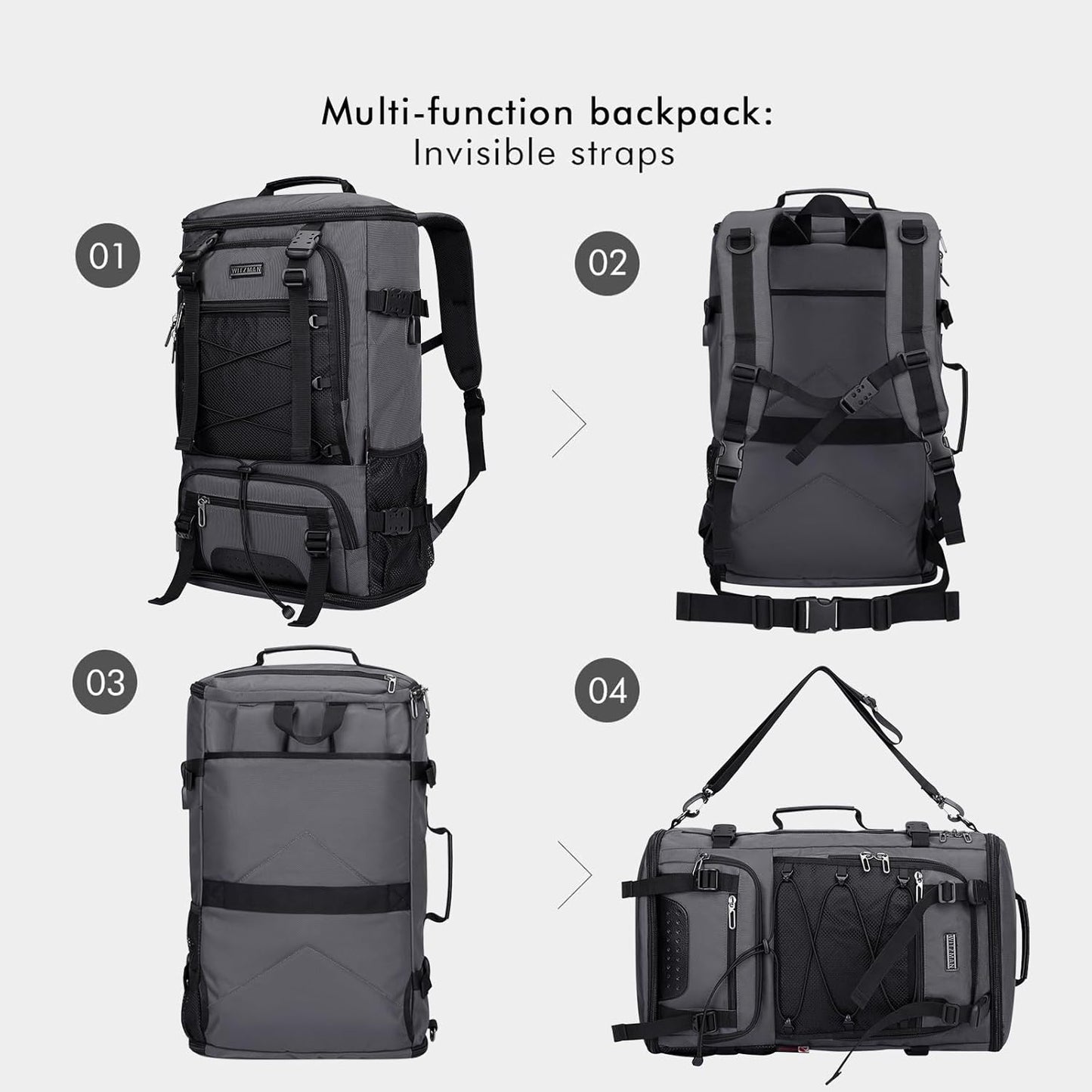 WITZMAN Travel Backpack for Men Large Carry on Backpack Convertible 3 in 1 Bags with Shoe Compartment Fit 17 Inch Laptop(B689 Black)