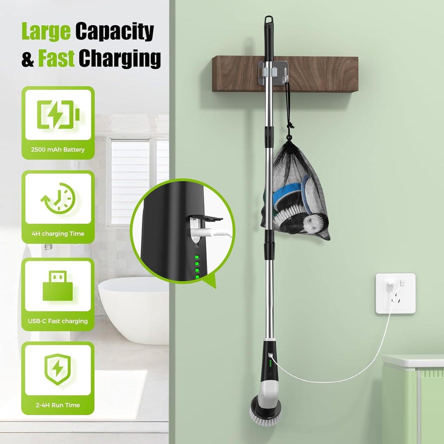 YKYI Electric Spin Scrubber,Cordless Electric Cleaning Brush,Shower Scrubber with 8 Replaceable Brush Heads,Power Scrubber 2 Adjustable Speeds,Bathroom Brush with Long Handle for Bathtub,Tile,Floor