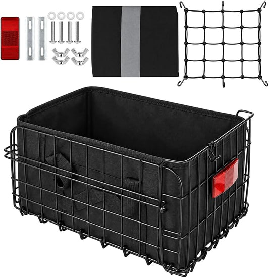 15 Inch Bike Basket Rear, Folding Metal Basket with Liner and Cover