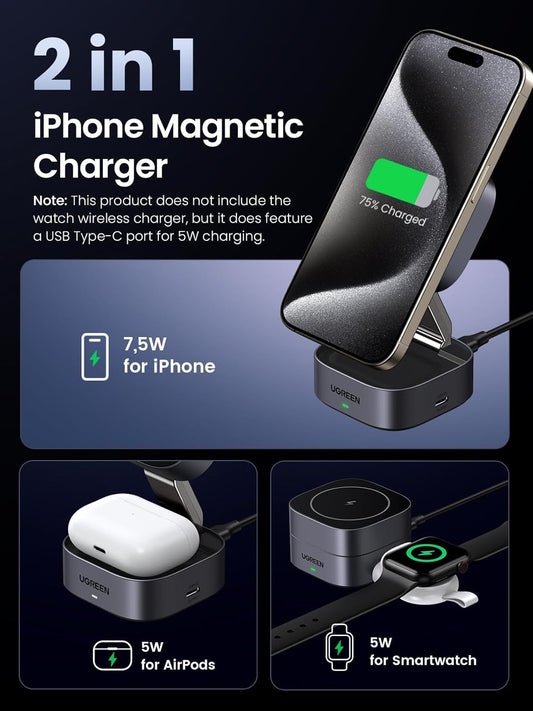 UGREEN MagFlow 15W Wireless Charging Station 2 in 1, Fast Charge Charger Station Compatible for Magsafe Charger Stand, for iPhone 16/15/14 Series, Airpods Pro/4/3/2 (No AC Adapter) - PuriLite