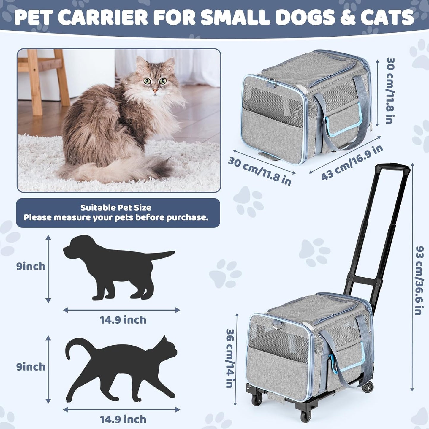 UNICITII Pets Carrier for Small Cat, Dog Medium Cats Puppies up to 20 Lbs, Airline Approved Carrier Soft Sided, Collapsible Travel Puppy Carrier (Grey-with Wheels)
