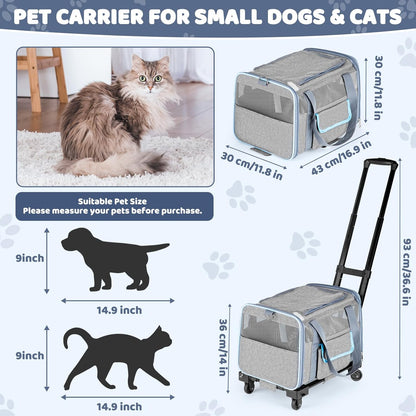 UNICITII Pets Carrier for Small Cat, Dog Medium Cats Puppies up to 20 Lbs, Airline Approved Carrier Soft Sided, Collapsible Travel Puppy Carrier (Grey-with Wheels)