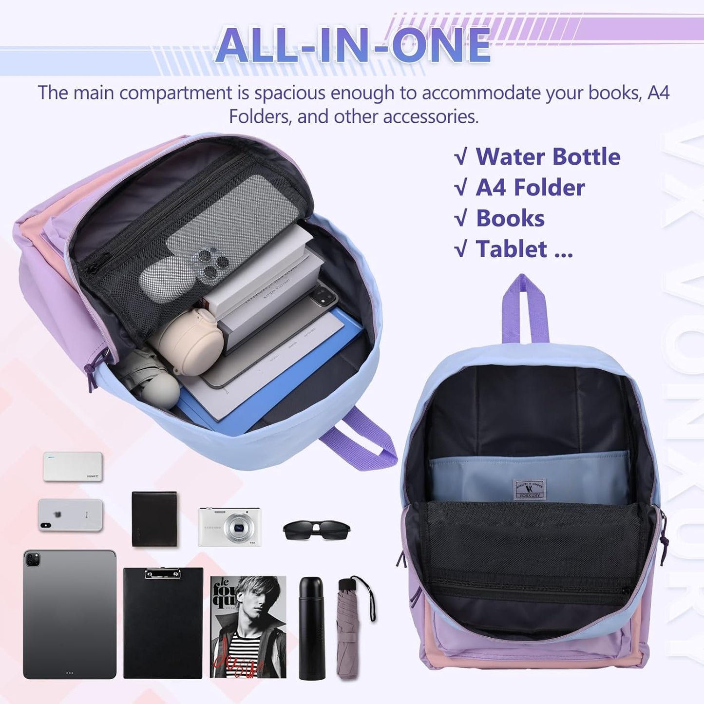 School Backpack for Kids,Lightweight Water Resistant Work Travel Backpack for Women Men Teens VONXURY