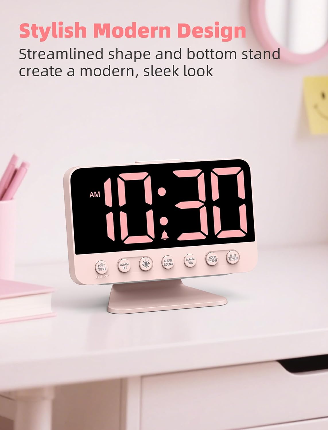 Odokee Digital Alarm Clocks for Bedrooms: Large Bold Number 5 Brightness Dimmer - Easy to Read Across The Room - 5 Alarm Sound 8 Night Light - Silver