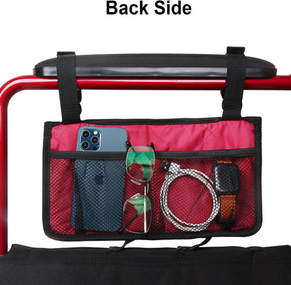 Wheelchair Side Bag, Wheelchair Armrest Storage Pouch with Cup Holder and Reflective Strip for Wheelchairs, Walkers or Rollators (Black)