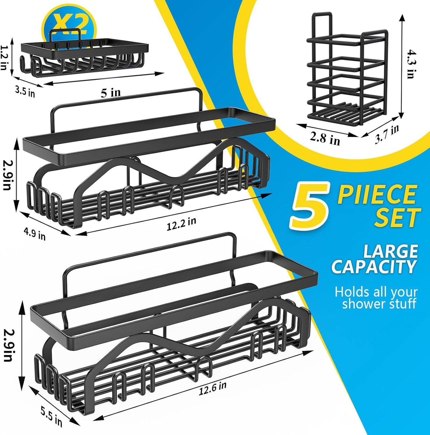 Coraje Adhesive Shower Caddy, 5-Pack Shower Shelves, Large Capacity Load Bearing 40 LBS Shower Organizer, No Drilling Shower Shelf, Rustproof Stainless Steel Bathroom Shower Storage, Black