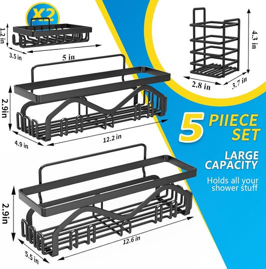 Coraje Adhesive Shower Caddy, 5-Pack Shower Shelves, Large Capacity Load Bearing 40 LBS Shower Organizer, No Drilling Shower Shelf, Rustproof Stainless Steel Bathroom Shower Storage, Black - PuriLite