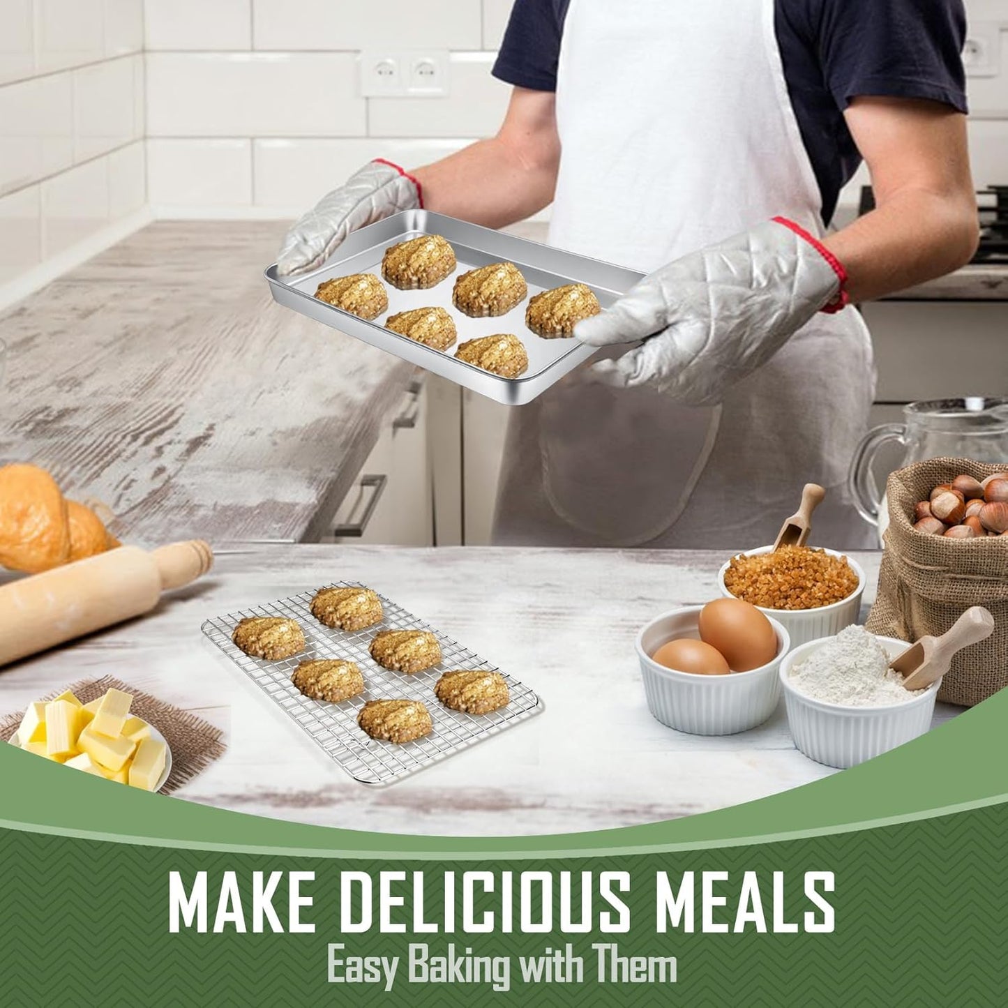 17.5 Inch Baking Sheet Pan with Rack Set, Joyfair Stainless Steel Half Size Oven Cookie Sheet Tray with Cooling Rack, Non-Toxic & Heavy Duty, Mirror Finishes &Easy Cleaning - (1 Pan + 1 Rack)