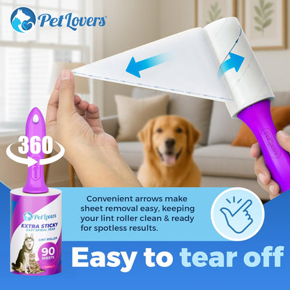 PetLovers Extra Sticky Lint Roller Mega Value Set for Pet Hair Removal, Dog and Cat Lint Remover (1 Pack Reusable)