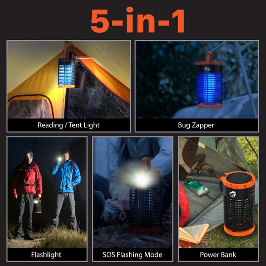 FosPower Bug Zapper 5-in 1 Outdoor/Indoor Mosquito Zapper, Solar Power Bank 29600mWh, Flashlight, Tent Light, Emergency SOS Signal for Camping Essentials, Backyard, Home, Patio