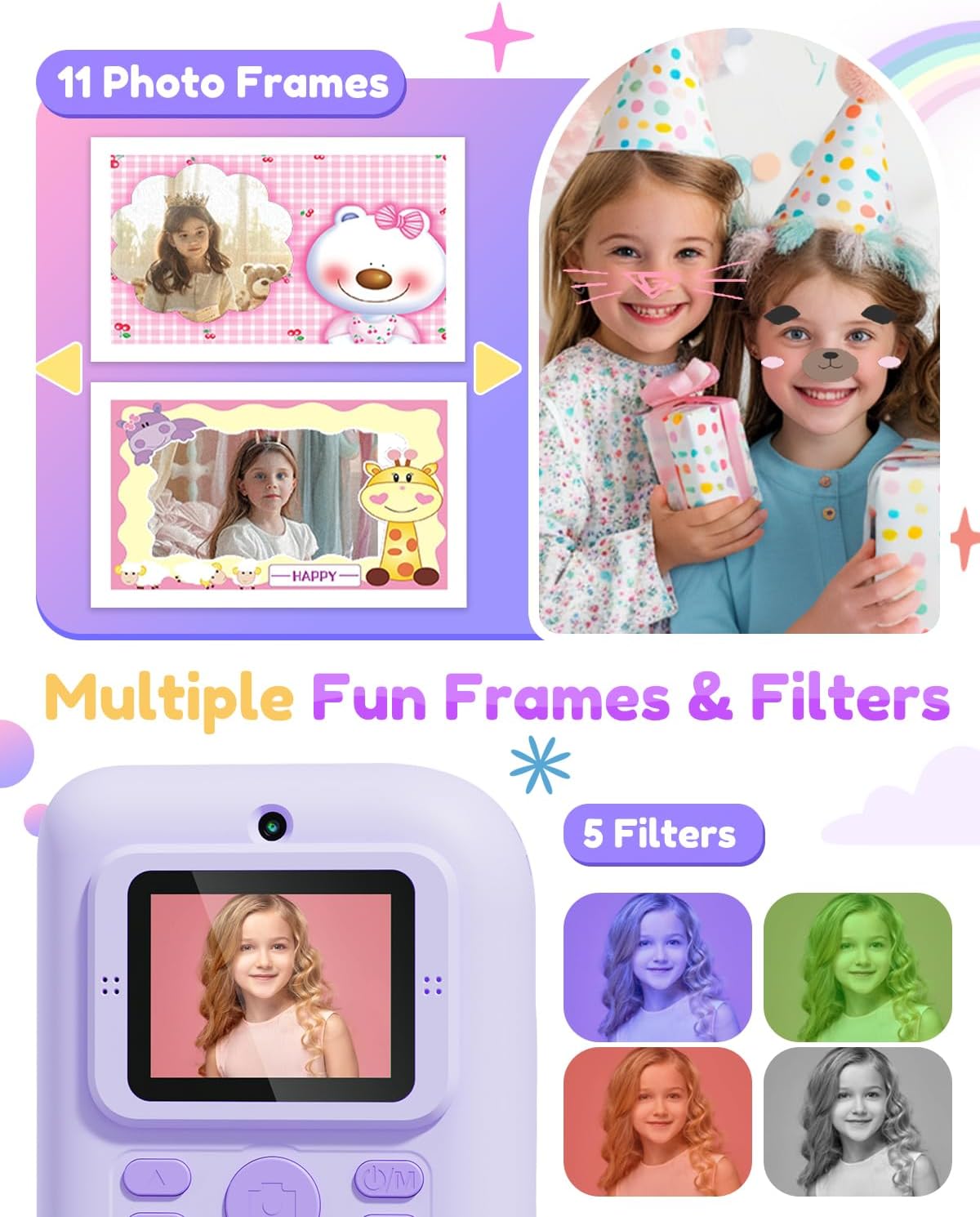 Pussan Kids Camera Instant Print, 1080P Instant Print Camera Toys for 3-12 Year Old Girls, Christmas Birthday Gifts for Age 3 4 5 6 7 Girls, Kids Digital Camera Toys with 3 Rolls Print Paper-Pink