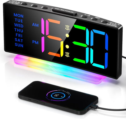 YUNJAYI Kids Alarm Clock for Bedroom, Dynamic RGB LED Digital Clock Large Display with 7 Color Night Lights, Dual Alarm Clocks Bedside, Snooze, 4 Levels Brightness, 3 Volume, 12/24H, Power-Off Memory