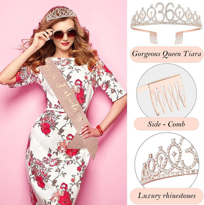 8pcs 40th Birthday Decorations gifts for Women, Including 40th Happy Birthday Cake Topper, Queen Sash with Pearl Pin, Sweet Rhinestone Tiara Crown for Women, Number Candles and Balloons (Rose Gold)