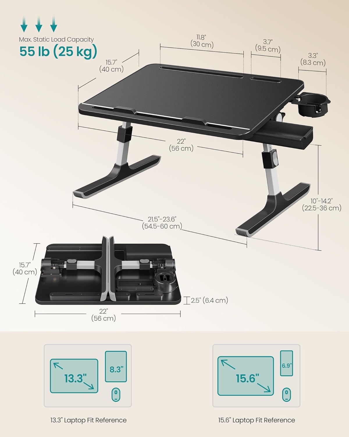 SONGMICS Bed Laptop Desk, Foldable Bed Desk for Laptop, 56 x 40 cm Large Desktop, 120° Stepless Tilt, Adjustable Height, Cup Holder, Tray, Portable Sofa Table, Ink Black ULLD113BC01