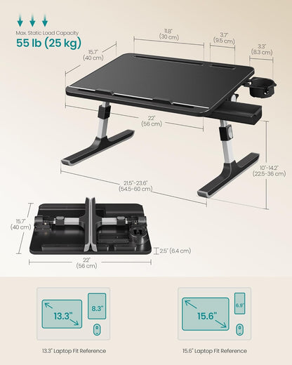 SONGMICS Bed Laptop Desk, Foldable Bed Desk for Laptop, 56 x 40 cm Large Desktop, 120° Stepless Tilt, Adjustable Height, Cup Holder, Tray, Portable Sofa Table, Ink Black ULLD113BC01