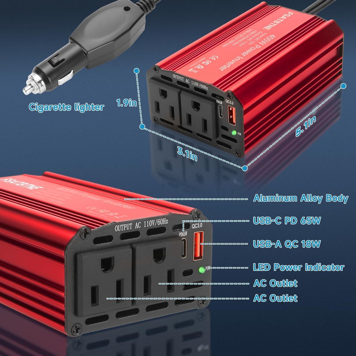 FSATBTNE 400W Power Inverter 12V DC to 110V AC Car Plug Adapter Outlet Converter with [65W PD USB-C] & [18W QC USB-A] Fast Charging Ports and 2 AC Outlets Car Power Inverters for Vehicles