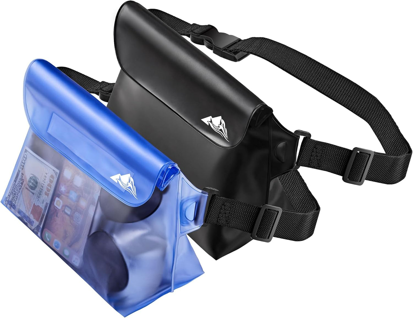 HEETA 2-Pack Waterproof Pouch with Waist Strap, Screen Touchable Dry Bag with Adjustable Belt for Phone Valuables for Kayaking Swimming Snorkeling Boating Fishing Surfing Beach (Black & Blue)