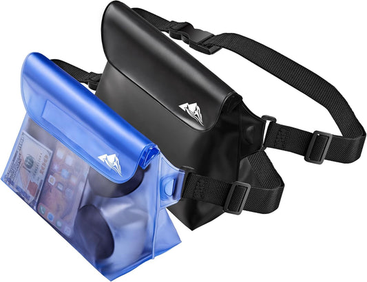 HEETA 2-Pack Waterproof Pouch with Waist Strap, Screen Touchable Dry Bag with Adjustable Belt for Phone Valuables for Kayaking Swimming Snorkeling Boating Fishing Surfing Beach (Black & Blue)