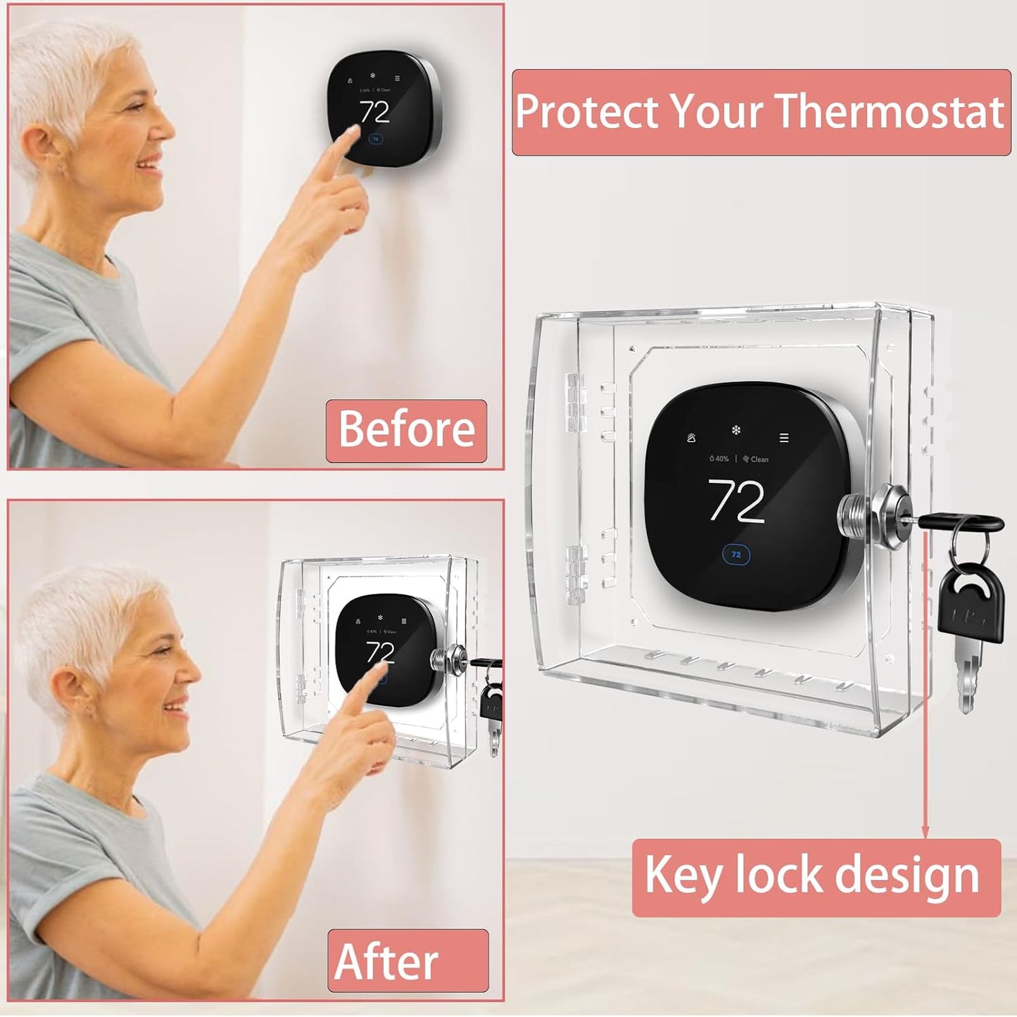 PKLIYH Universal Small Thermostat Lock Box-Thermostat Cover with Key Clear Small Thermostat Guard Fit All Ecobee,Google,Nest Thermostat on Wall 4.72''*4.72''*2'' or Smaller