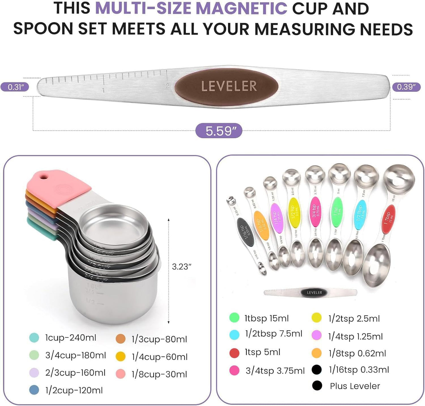 Magnetic Measuring Cups and Spoons Set-Heavy Duty 304 Stainless Steel，Double Measurement Markings，Set of 16 with Leveler for Measure Dry and Liquid Ingredients