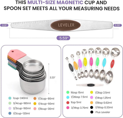 Magnetic Measuring Cups and Spoons Set-Heavy Duty 304 Stainless Steel，Double Measurement Markings，Set of 16 with Leveler for Measure Dry and Liquid Ingredients