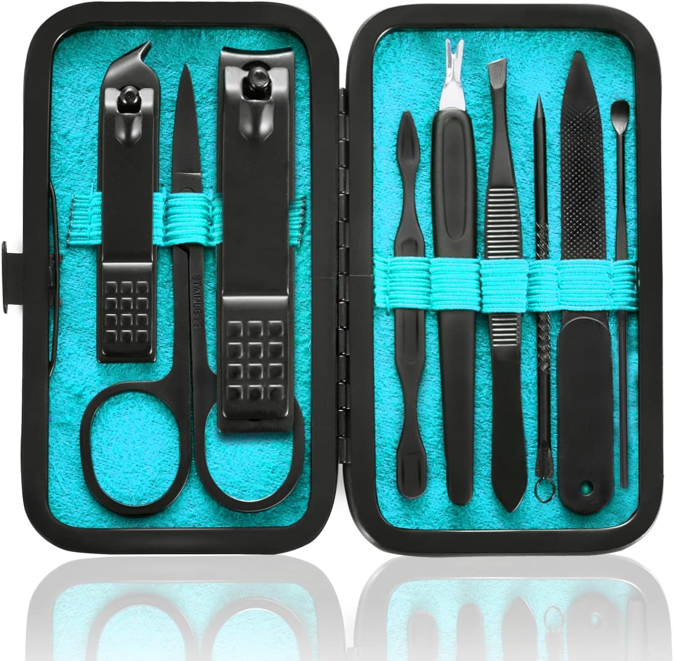 Manicure Set 9 in 1 Stainless Steel, Nail Clippers Scissors Pedicure Tools Kit - Portable Travel Grooming Kit for Men and Women with Black/Red Leather Case (Blue)