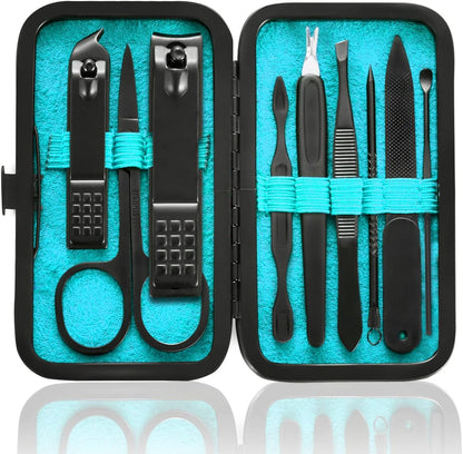 Manicure Set 9 in 1 Stainless Steel, Nail Clippers Scissors Pedicure Tools Kit - Portable Travel Grooming Kit for Men and Women with Black/Red Leather Case (Blue)