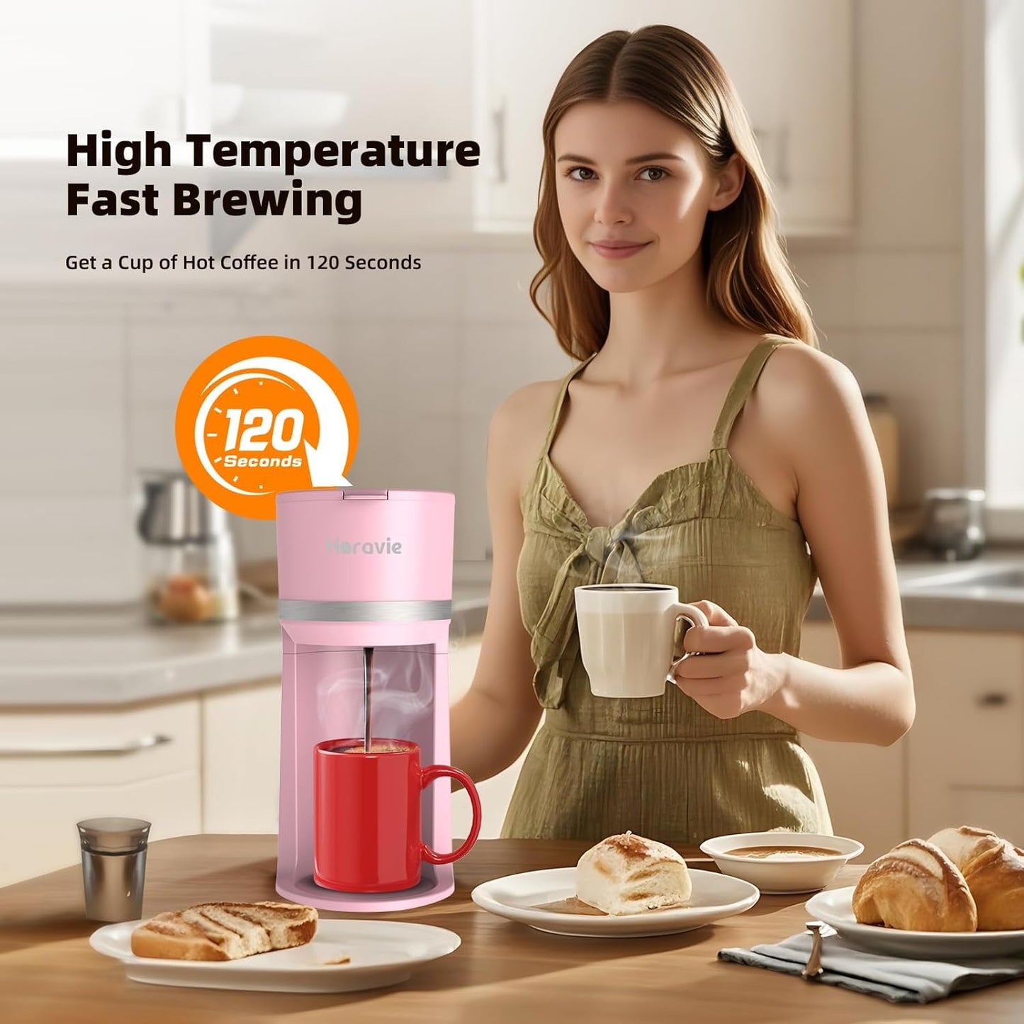Single Serve Coffee Maker Machine for K-Cup and Ground Coffee, 6 to 12 oz. Brew Sizes, Fast Brew Single Cup Coffee Machine with Descaling Reminder and Water Window, Perfect for Small Spaces, Pink