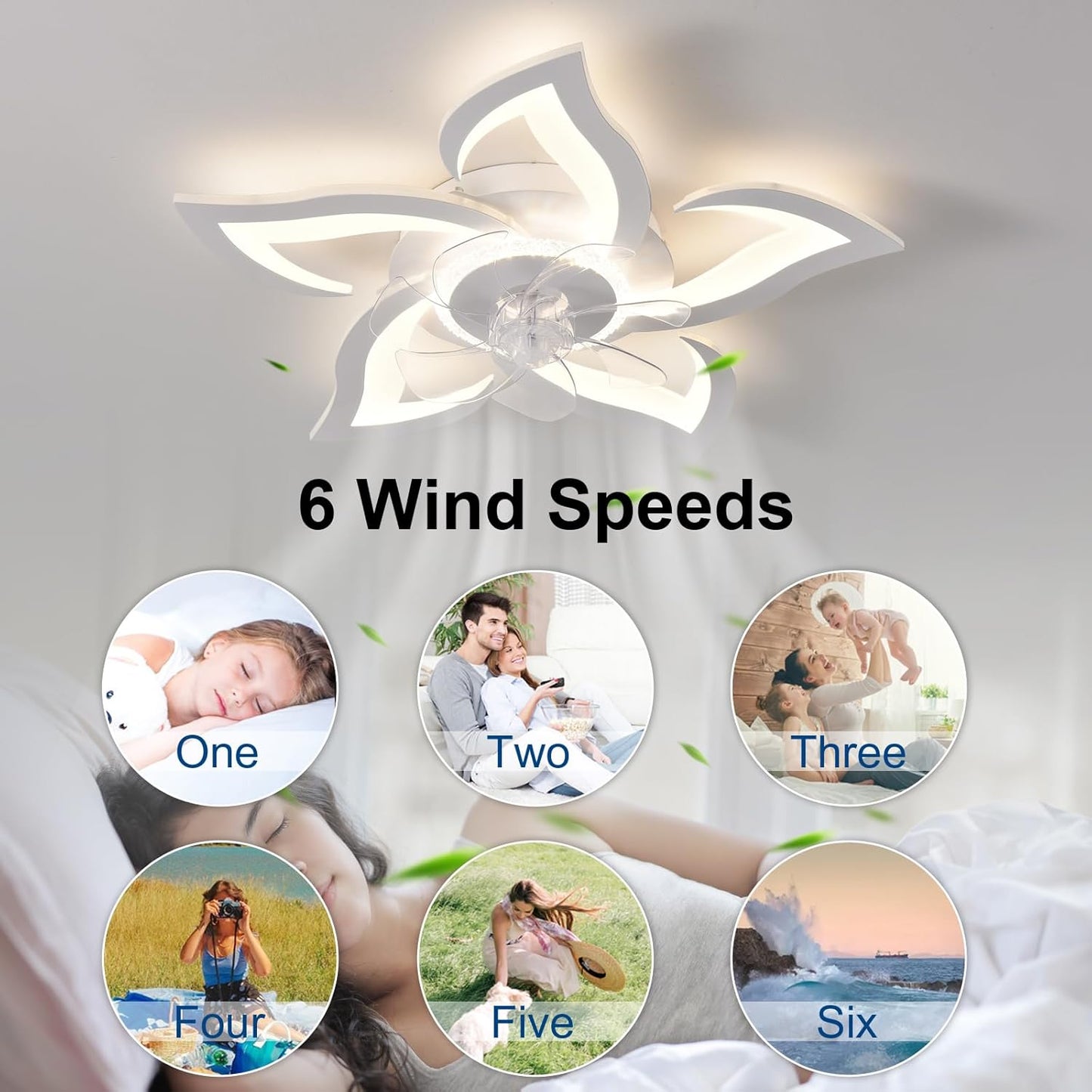 26" Geometric Ceiling Fan with Lights, 6 Speeds 3 Colors Ceiling Fan with Light Remote Control, White Low Profile Flush Mount Ceiling Fan for Kitchen Bedroom Living Room