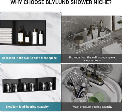 BLYLUND Shower Niche 12" x 24" NO Tile Needed,Matte Black Double Shelf Organizer, Square Corners Wall-Inserted Niche Recessed Shower Shelf Modern Soap Niche for Bathroom