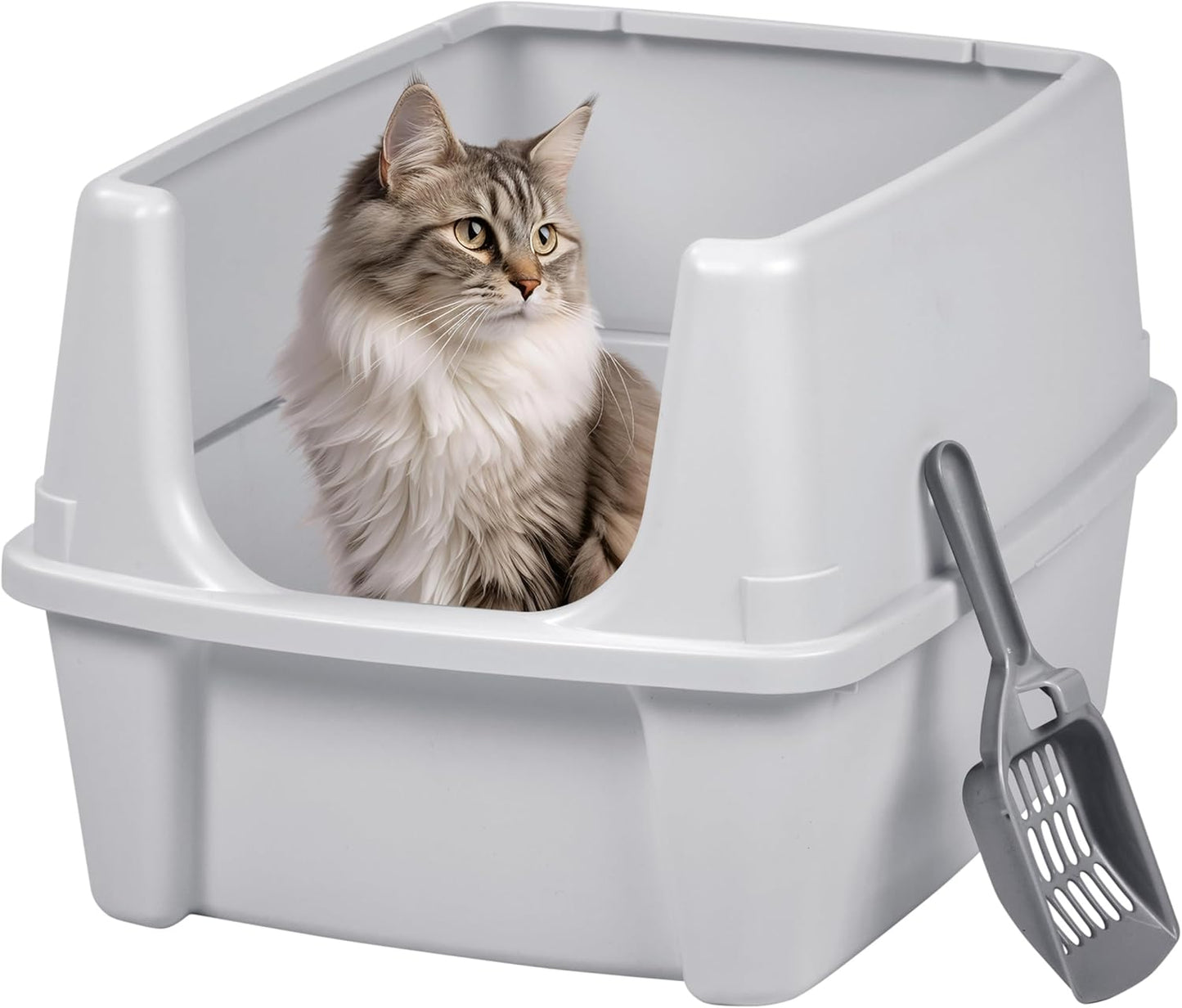 IRIS USA Top Entry Cat Litter Box with Scoop - Large - Stylish Enclosed Round Oval Kitty Dog Proof Box, Litiere Pour Chat Bac - White/Beige