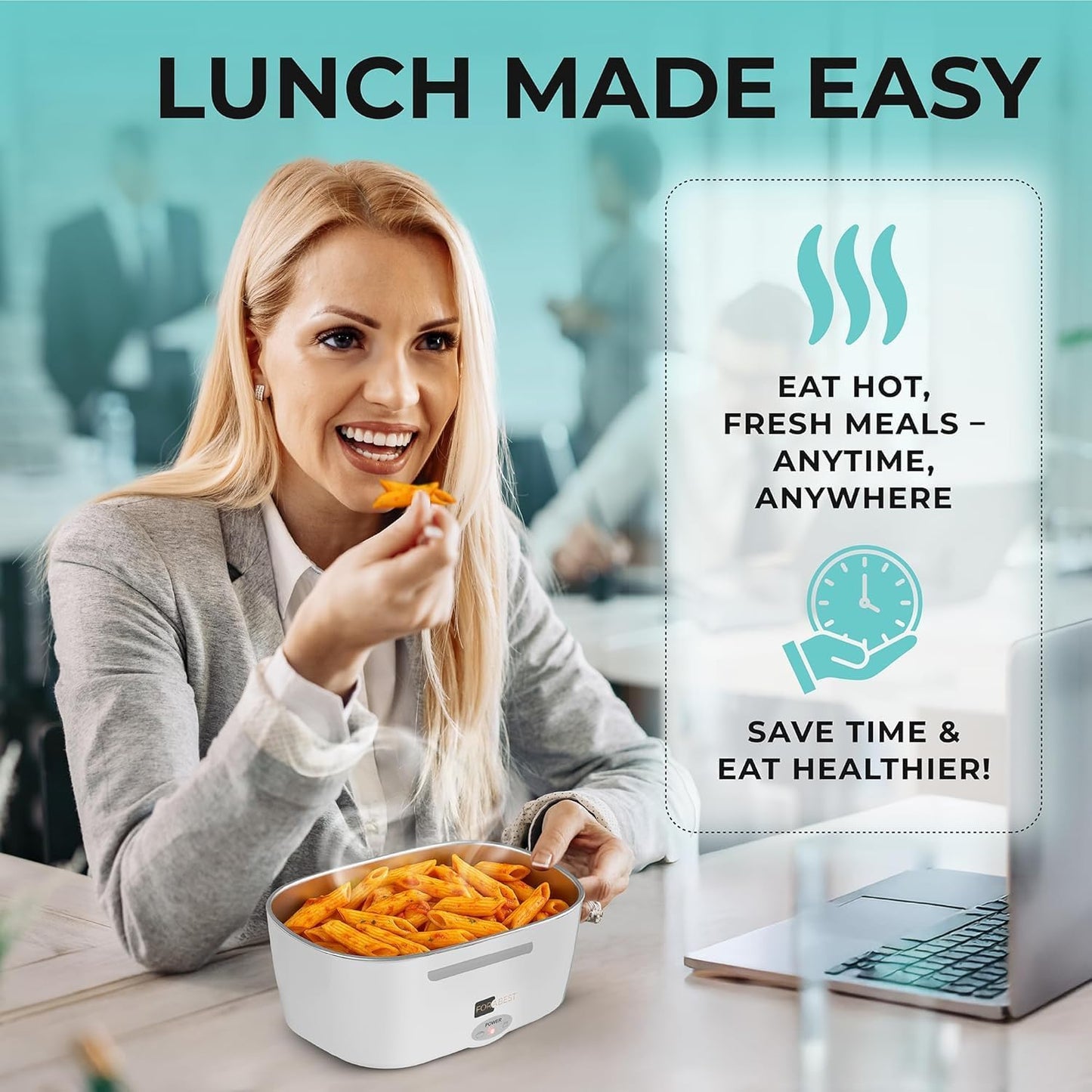 FORABEST Electric Lunch Box Food Heater 80W 1.5L Stainless Steel Heated Lunch Box for Men & Women, Universal 12/24/110/220V Self Heating Lunch Box for Car, Truck & Work, Portable Food Warmer lunch box