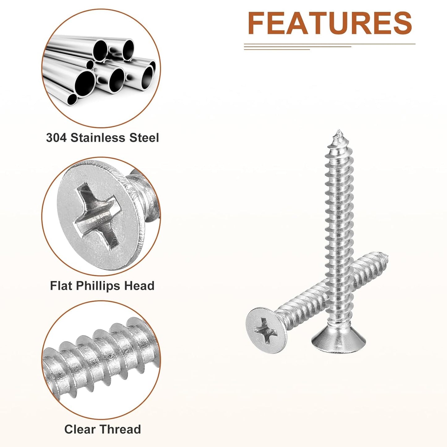 DTGN 100Pcs #8x1 Flat Head Wood Screws, 304 Stainless Steel Phillips Self Tapping Screws - Good for Woodworking, Furniture - Silver