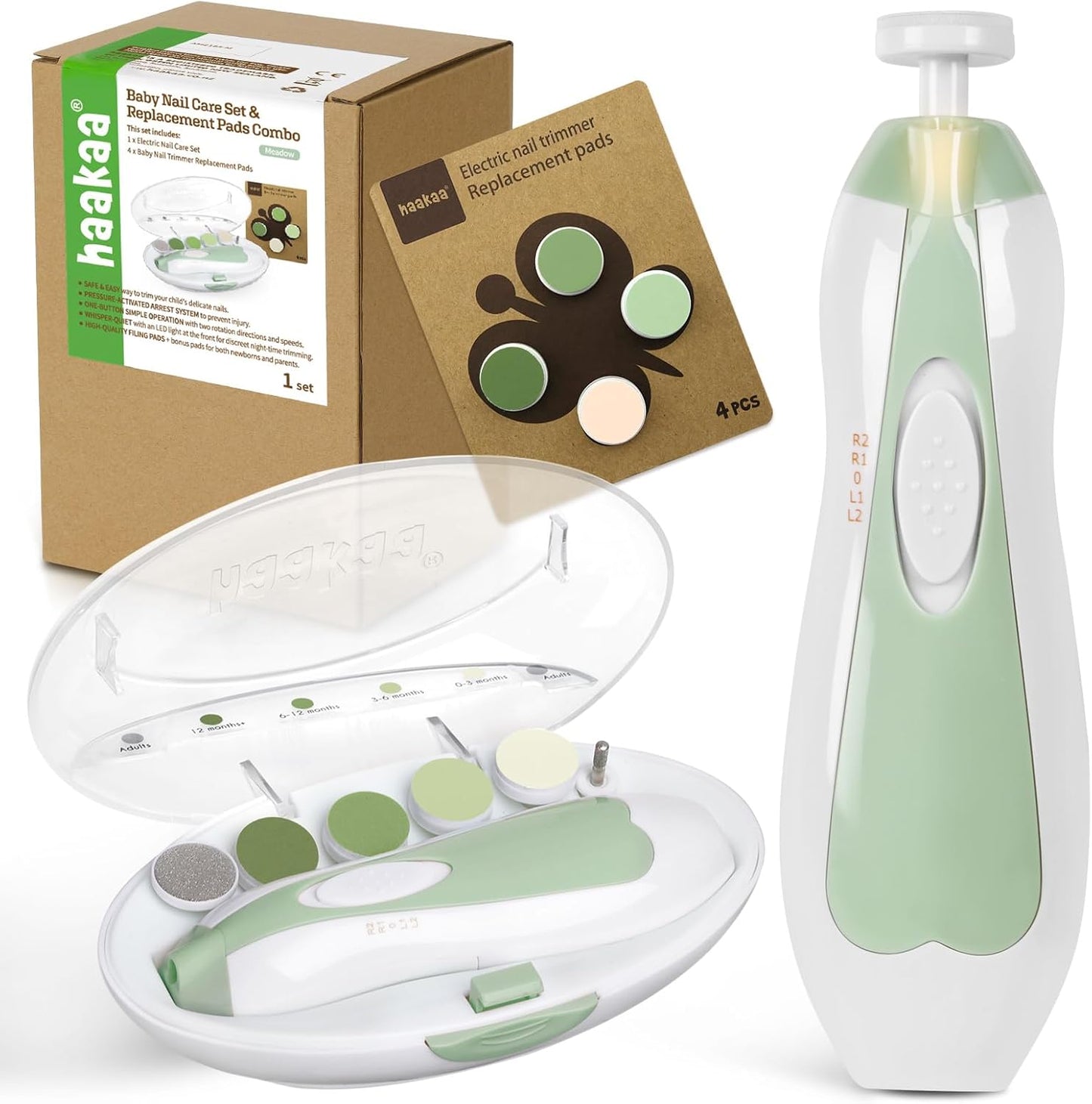 haakaa Baby Nail Trimmer Electric Baby Nail Clippers Kit for Newborn, Toddler or Adults Fingernails and Toenails Care, Baby Nail Care Set & Extra 4 Replacement Pads Combo - Acorn