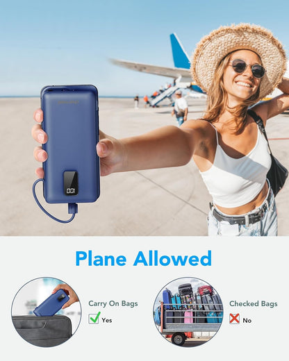 Charmast 10000mAh Portable Charger with Built-in Cables and AC Wall Plug,USB C Battery Pack Power Bank,5 Output 2 Input Battery Pack Compatible with iPhone 16/15/14/13/12,Andriod Series