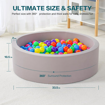 Soft Foam Ball Pit for Toddlers and Babies, Round Kids Play Tent Ball Pool for Indoor and Outdoor Use, Memory Foam Baby Playpen for Ages 3–5, Grey