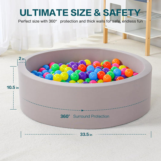 Soft Foam Ball Pit for Toddlers and Babies, Round Kids Play Tent Ball Pool for Indoor and Outdoor Use, Memory Foam Baby Playpen for Ages 3–5, Grey