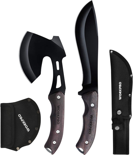 WORKPRO Axe and Fixed Blade Knife Combo Set, Full Tang, Wood Handle, for Outdoor Camping Survival Hunting Hiking, Nylon Sheath Included