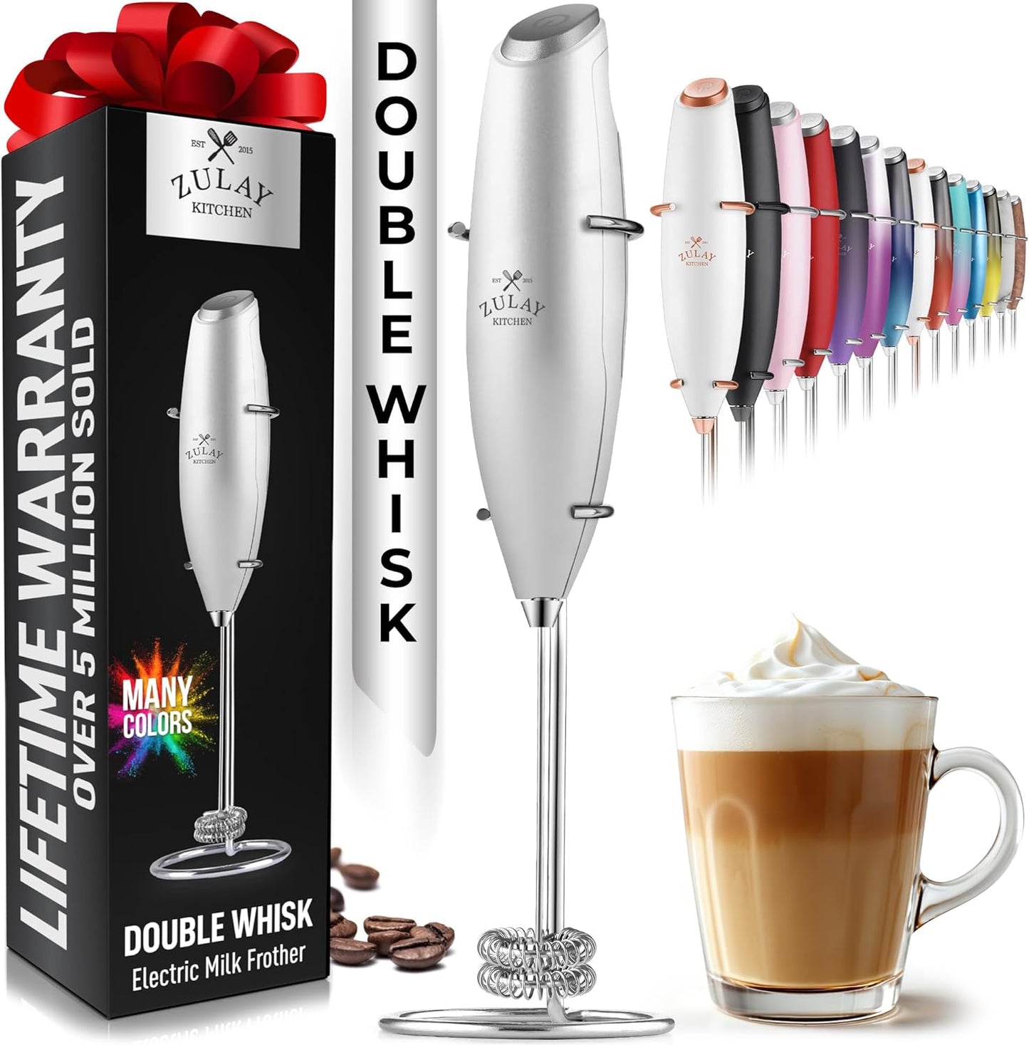 Zulay Kitchen Powerful Double Whisk Milk Frother Handheld - Foam Maker with Stand - Whisk Drink Mixer for Coffee, Mini Foamer for Latte, Matcha, Frappe, Hot Chocolate & Cappuccino (Black)
