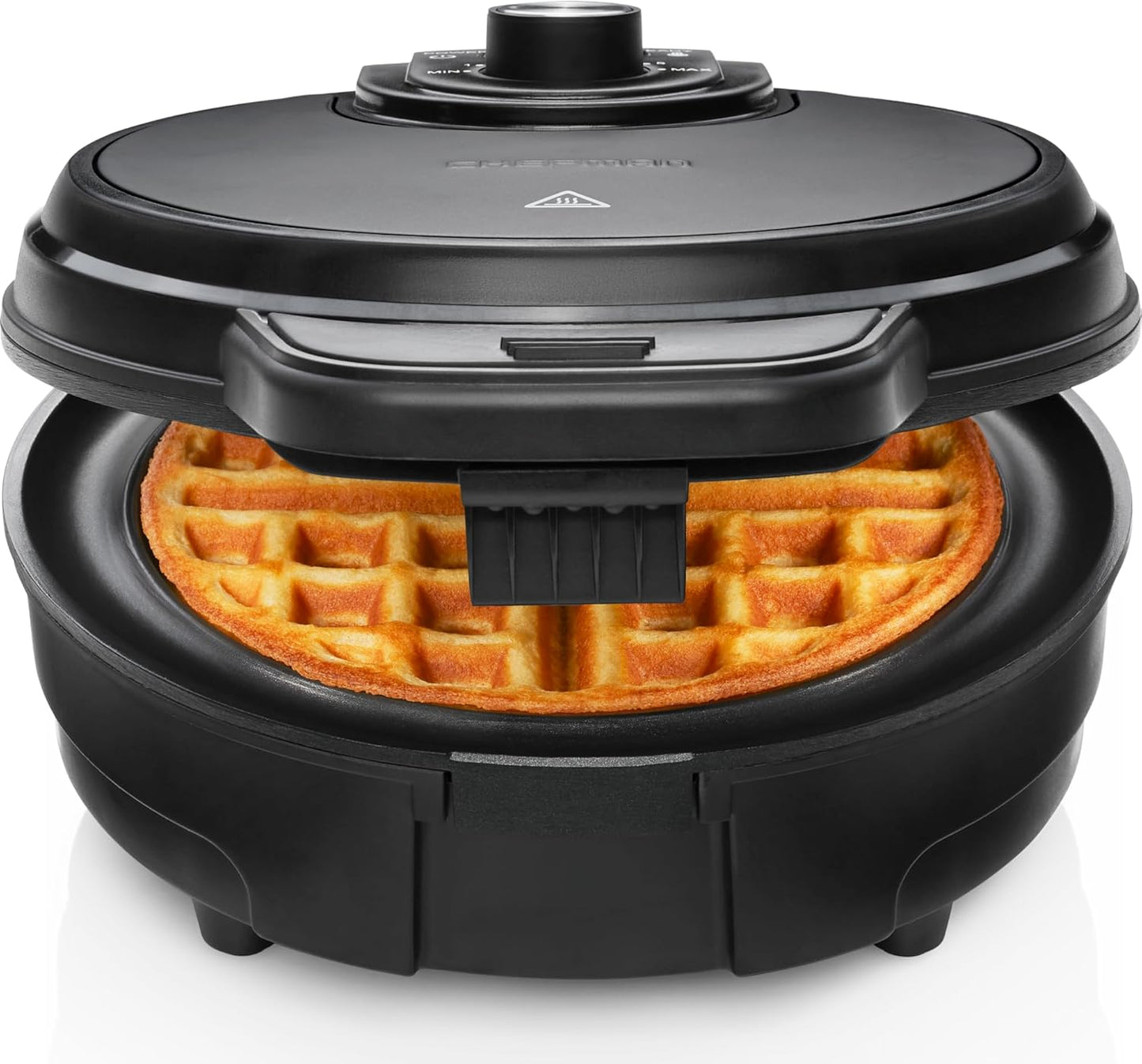 Chefman Anti-Overflow Belgian Waffle Maker w/ Shade Selector, Temperature Control, Mess Free Moat, Round Iron w/ Nonstick Plates & Cool Touch Handle, Measuring Cup Included, Red